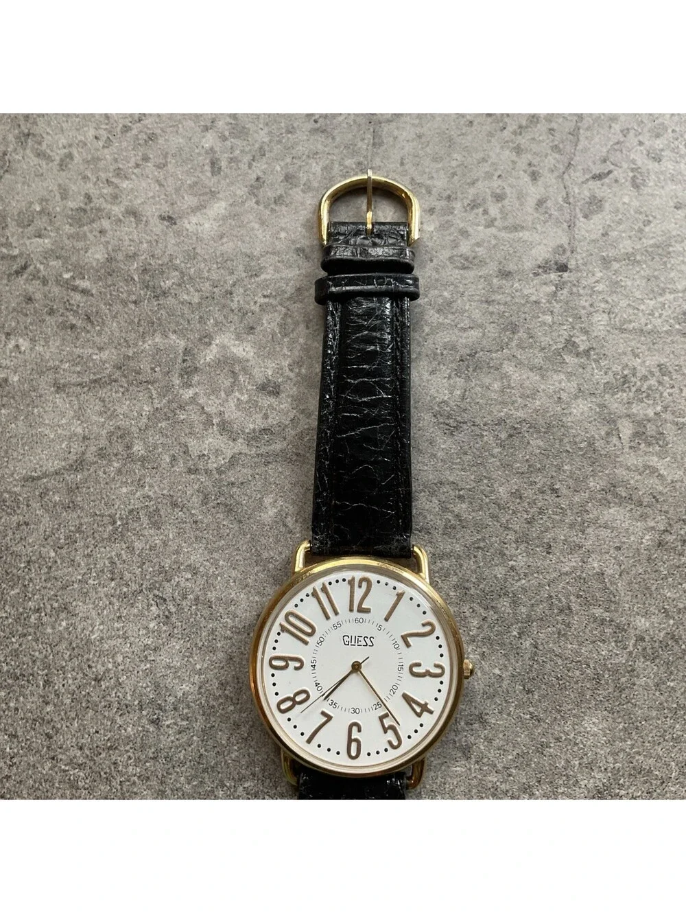 Vintage Guess Unisex Watch 40mm Gold Tone Case White Dial Black Leather Band A5